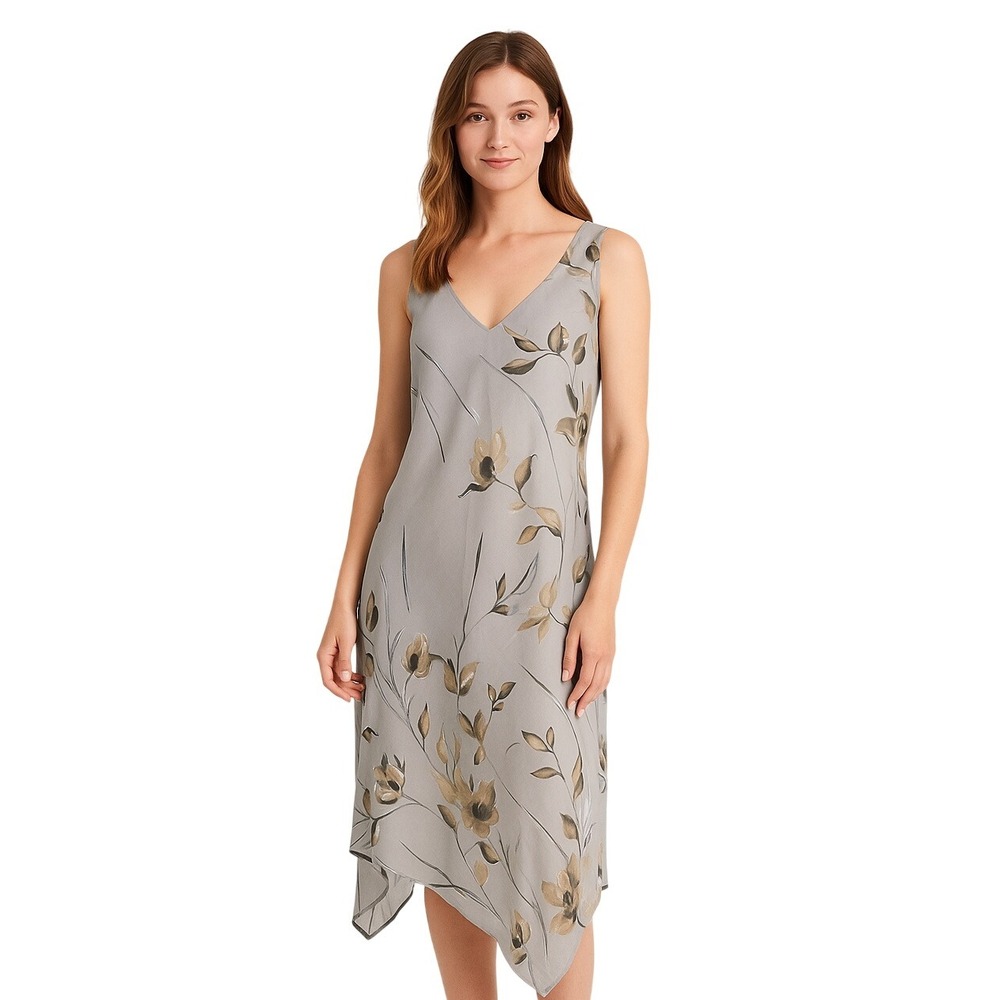 J.‎ Michaels Shift Dress Size 10 Gray Asymmetric Floral Midi New Modern Chic NEW